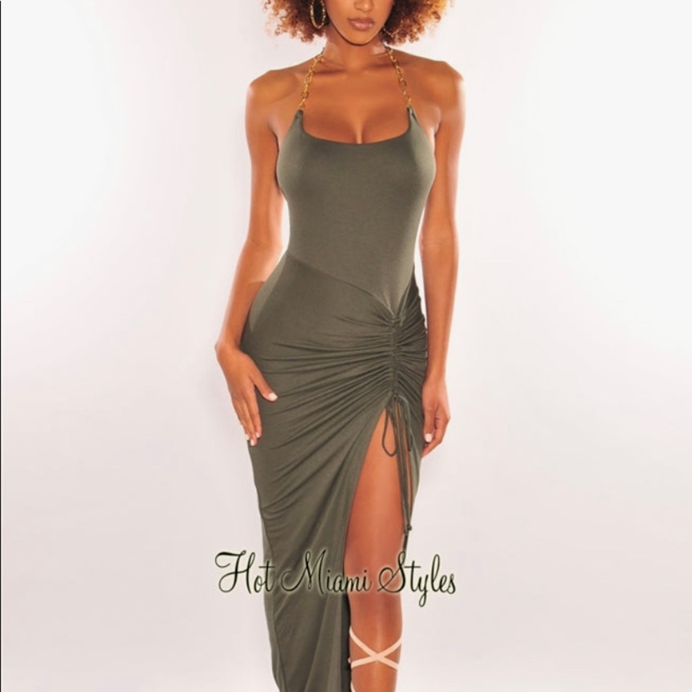 Hot Miami Styles cinch draw string slit split gold chain halter bodycon dress